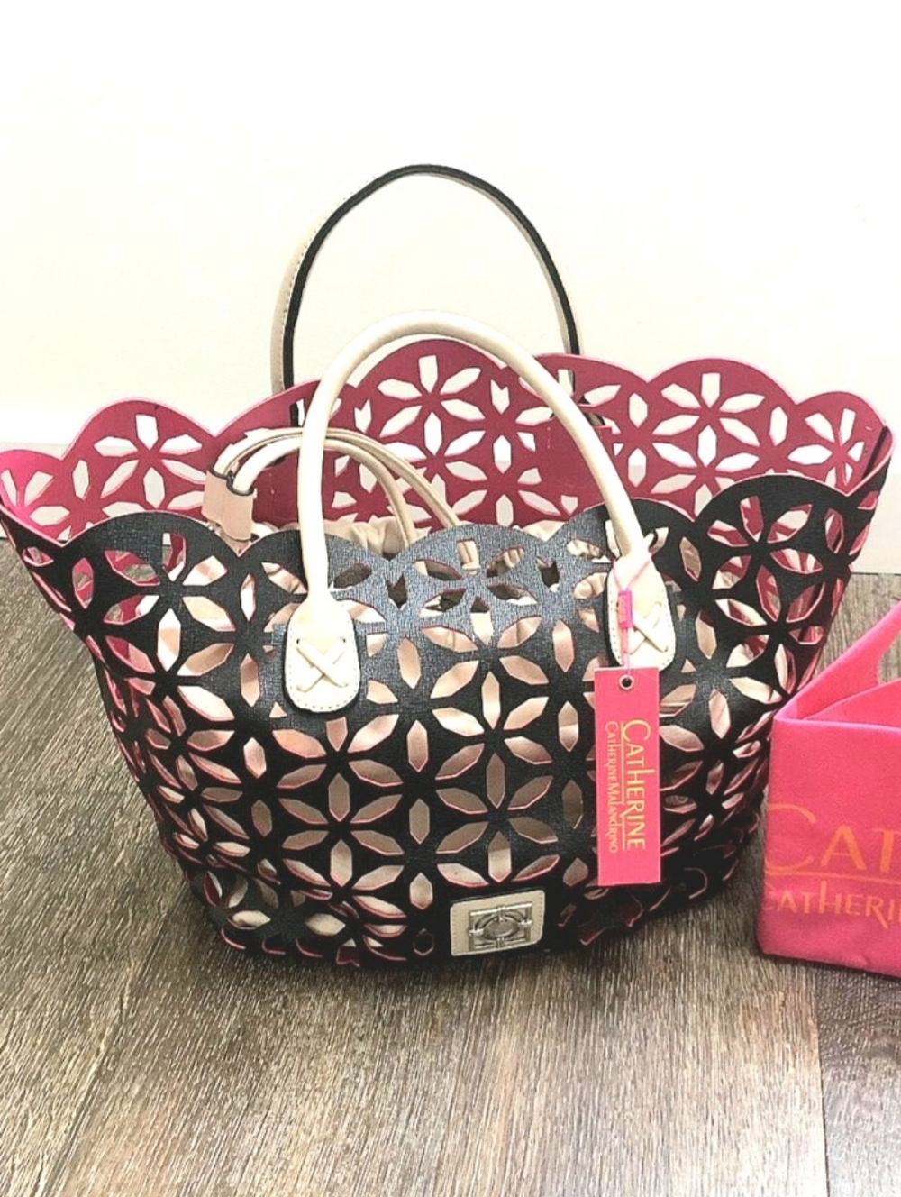 Catherine Malandrino Bridgette Tote Bag in Black/Ivory/Pink